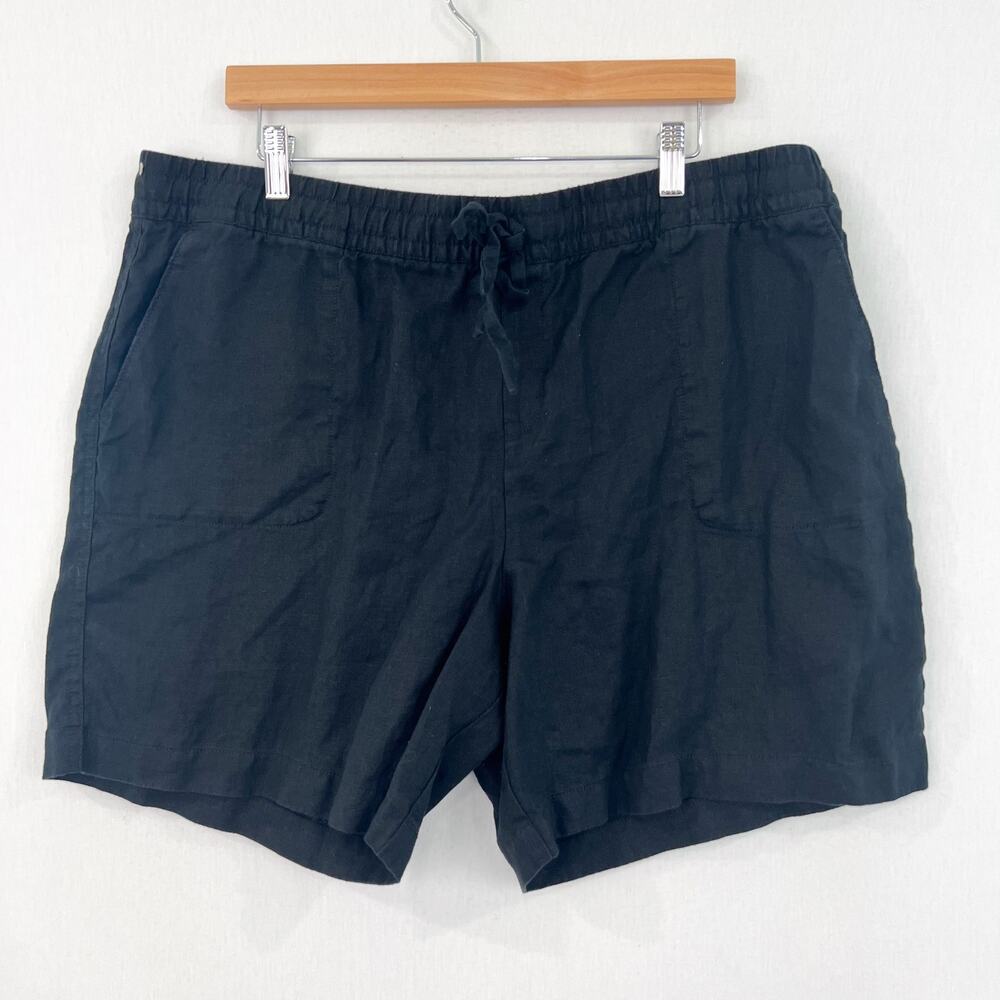 Garnet Hill Black Linen Shorts XL 100% Linen Pull On Drawstring High Rise Modest
